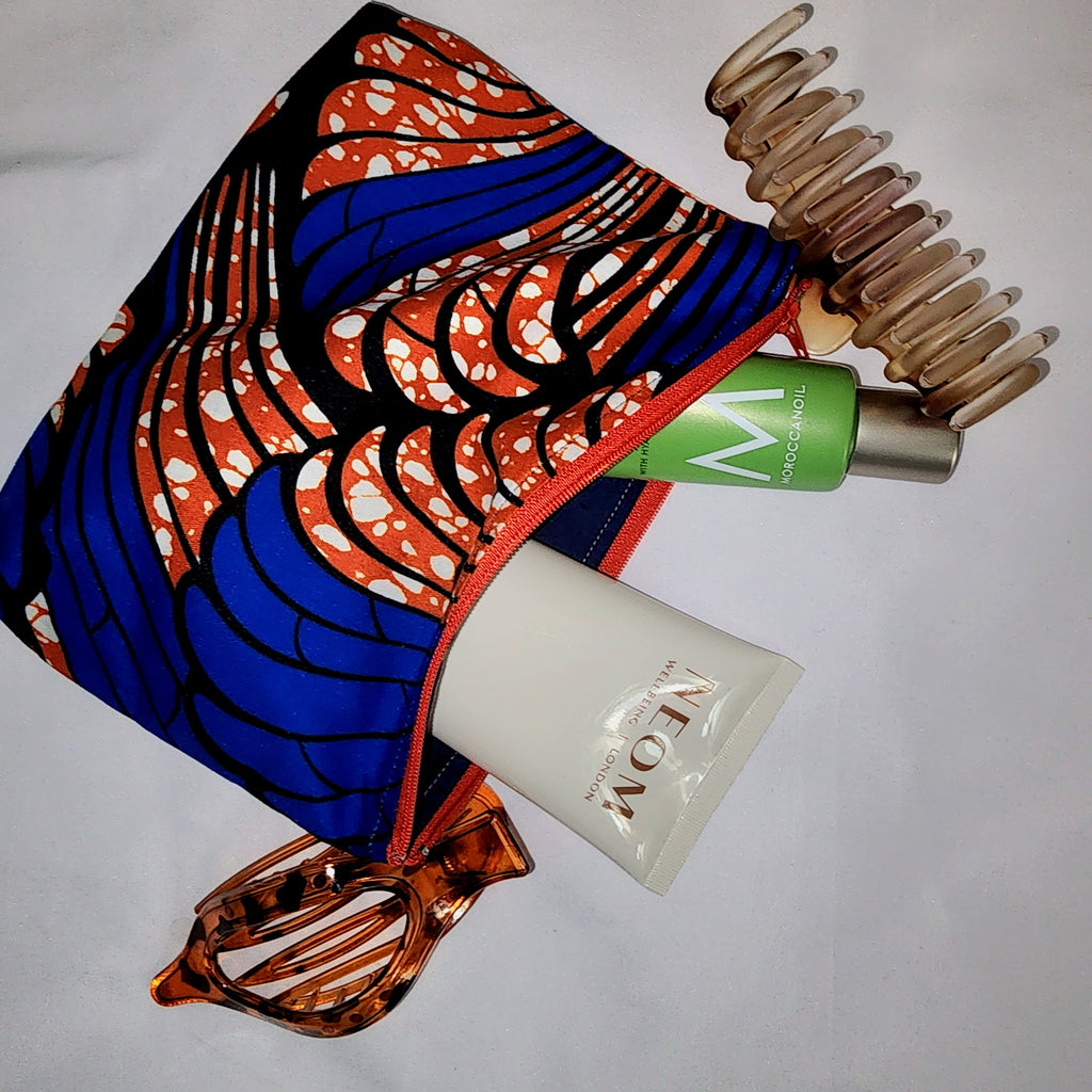 Pouches: African Block Print, Blue and Red Wing (m). Zipper Pouch, Fully Lined. No Tabs.  For Travel, Makeup, Toiletries, Crafting