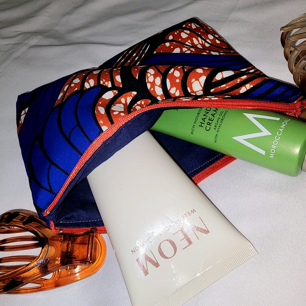 Pouches: African Block Print, Blue and Red Wing (m). Zipper Pouch, Fully Lined. No Tabs.  For Travel, Makeup, Toiletries, Crafting