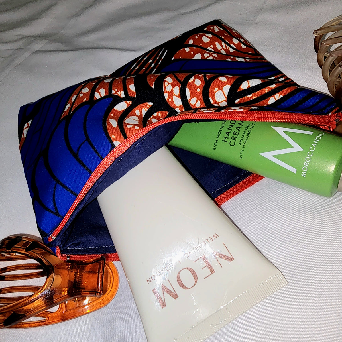 Pouches: African Block Print, Blue and Red Wing (m). Zipper Pouch, Fully Lined. No Tabs.  For Travel, Makeup, Toiletries, Crafting
