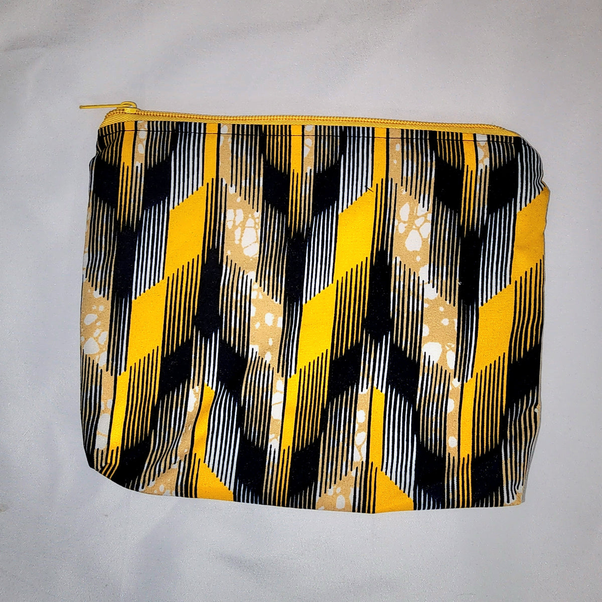Pouches: African Block Print, Yellow and Black Arrow (m). Zipper Pouch, Fully Lined. No Tabs.  For Travel, Makeup, Toiletries, Crafting