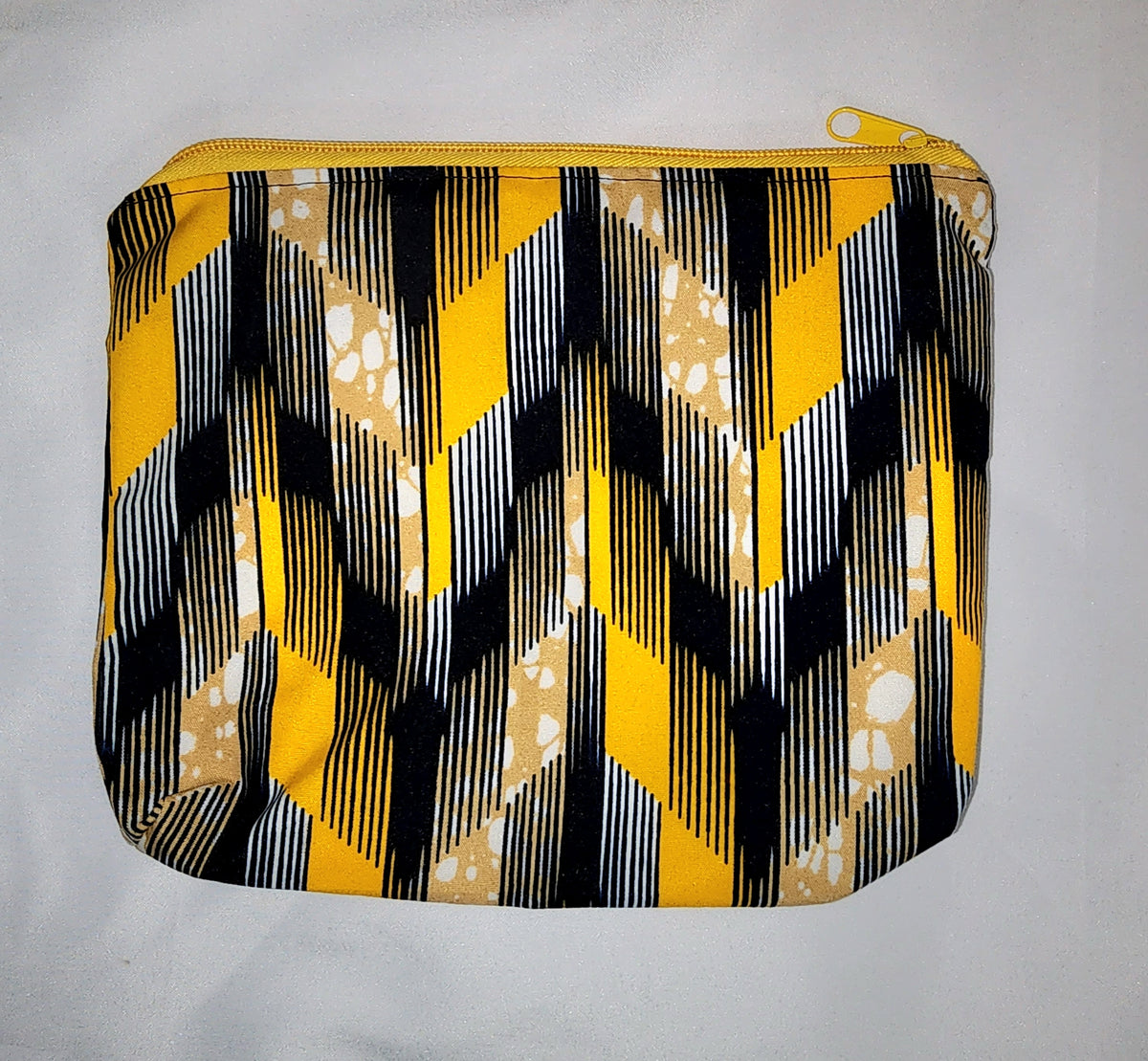 Pouches: African Block Print, Yellow and Black Arrow (m). Zipper Pouch, Fully Lined. No Tabs.  For Travel, Makeup, Toiletries, Crafting