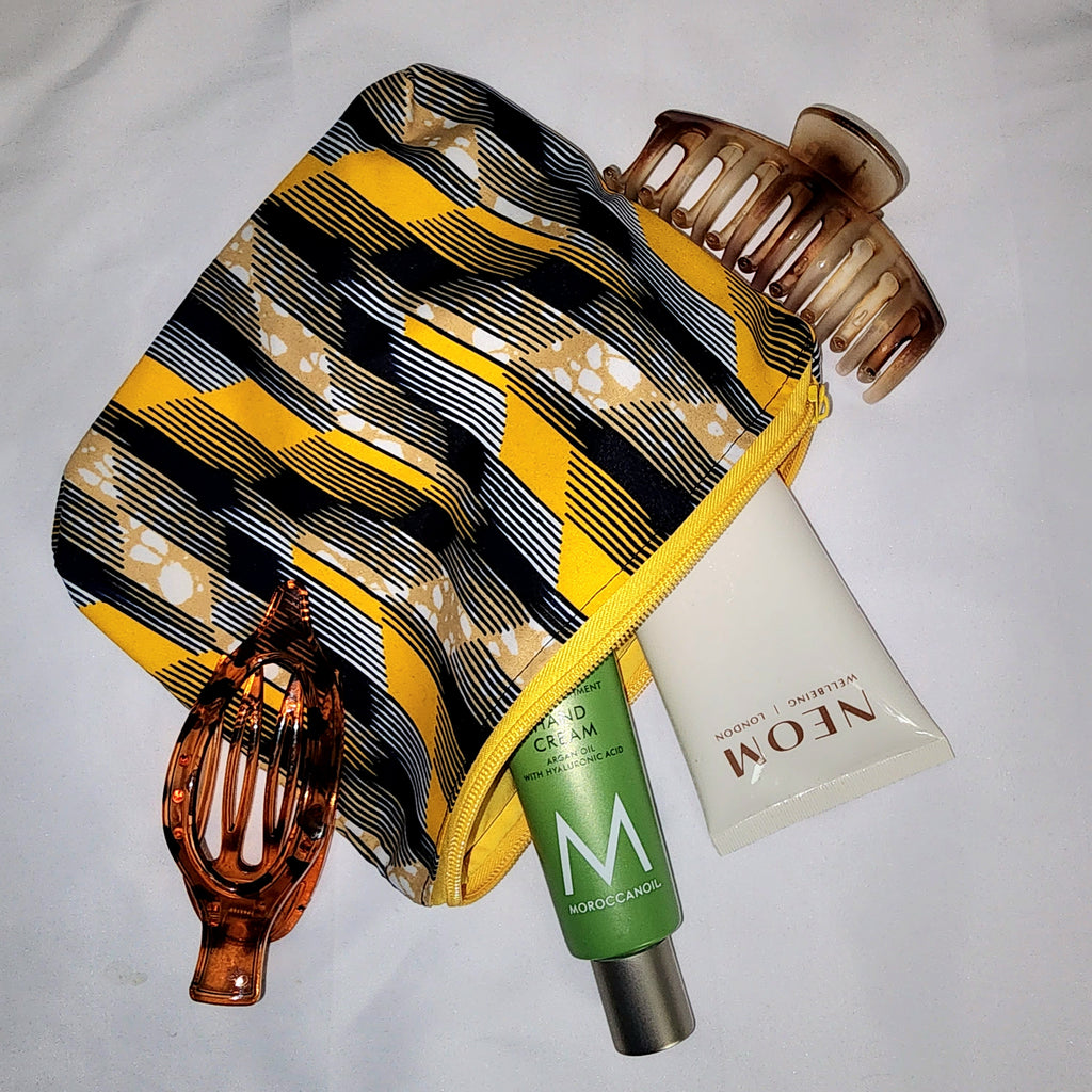 Pouches: African Block Print, Yellow and Black Arrow (m). Zipper Pouch, Fully Lined. No Tabs.  For Travel, Makeup, Toiletries, Crafting