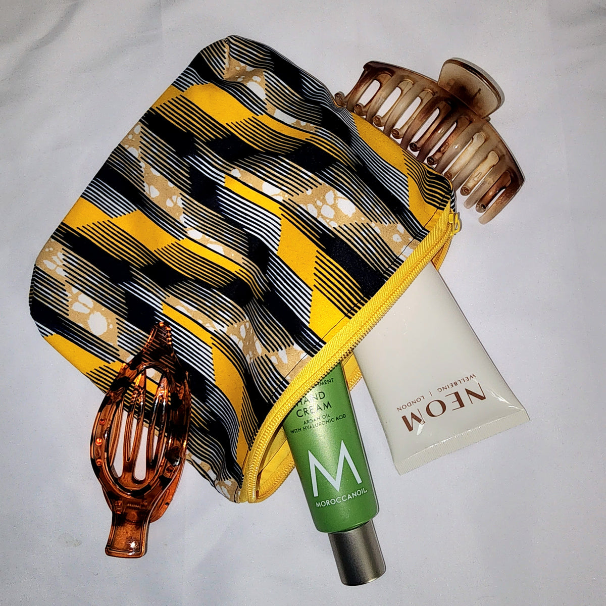 Pouches: African Block Print, Yellow and Black Arrow (m). Zipper Pouch, Fully Lined. No Tabs.  For Travel, Makeup, Toiletries, Crafting