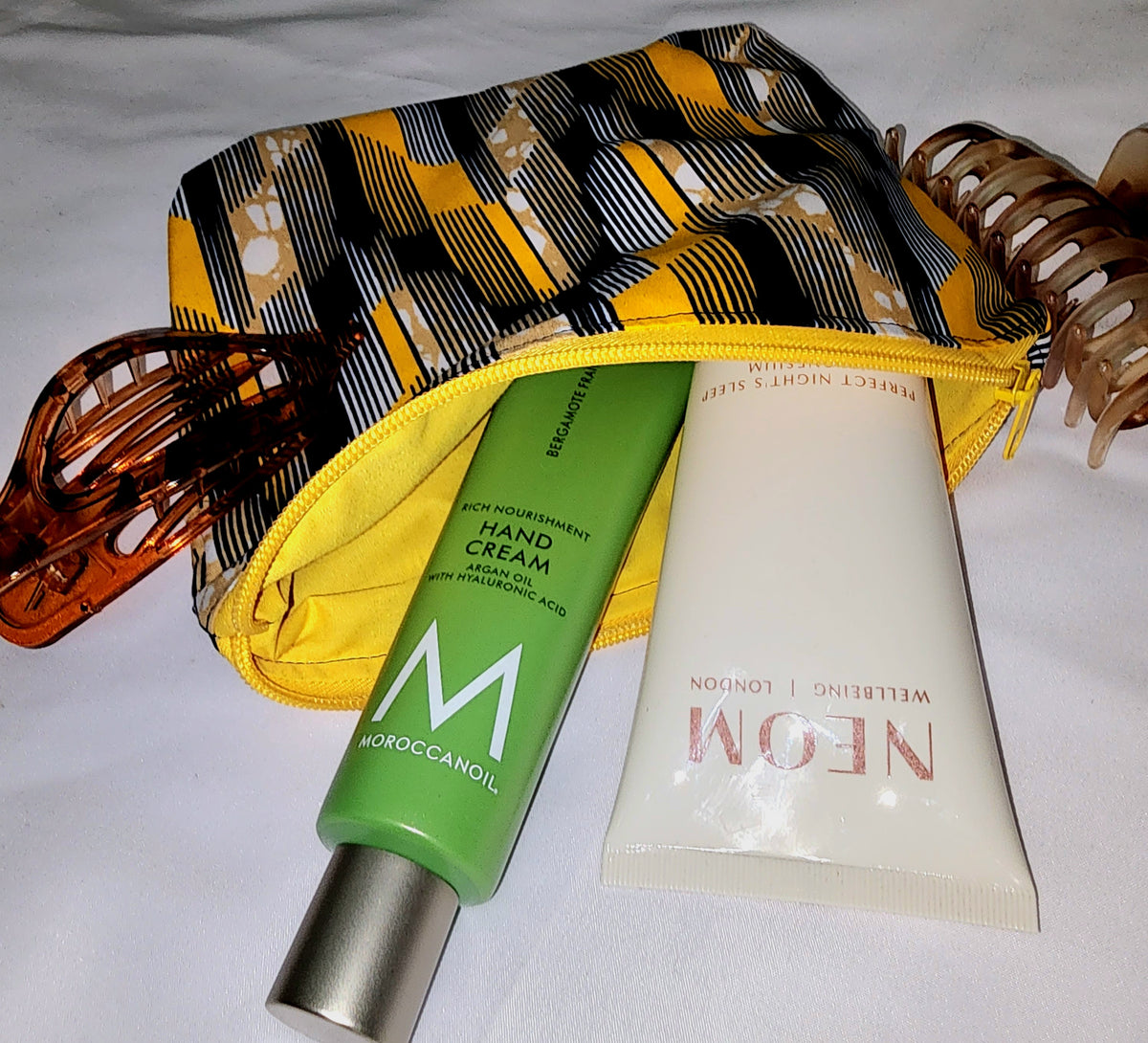 Pouches: African Block Print, Yellow and Black Arrow (m). Zipper Pouch, Fully Lined. No Tabs.  For Travel, Makeup, Toiletries, Crafting