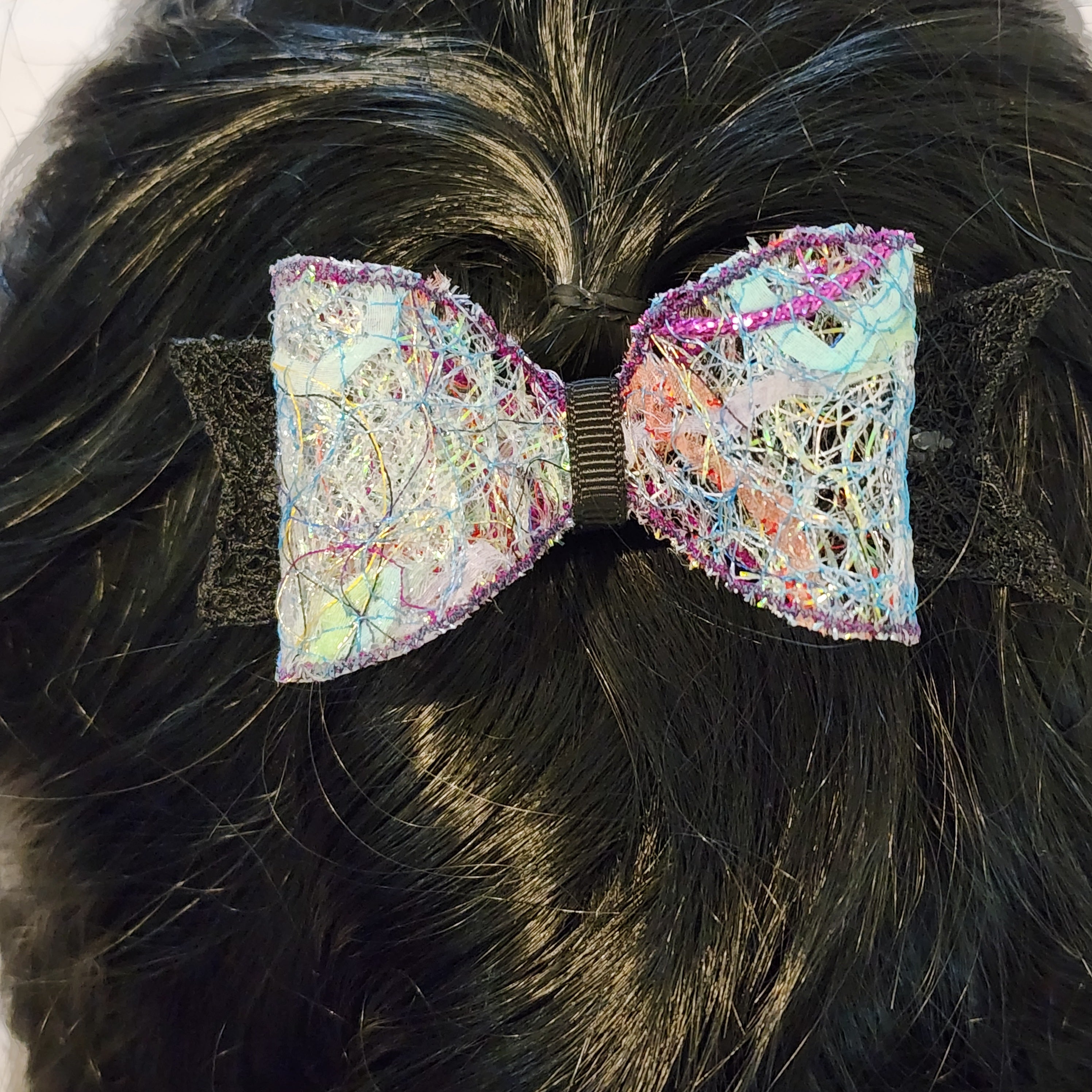 B-BLK-1, Bow Barrette. Fabric made by Free Motion Embroidery. Lacy and Unique
