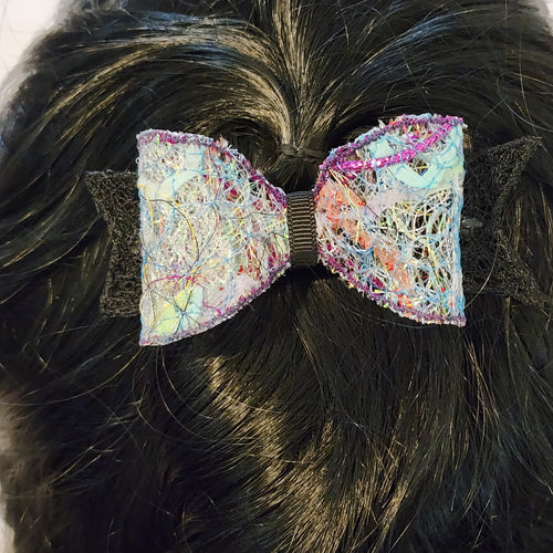 B-BLK-1, Bow Barrette. Fabric made by Free Motion Embroidery. Lacy and Unique