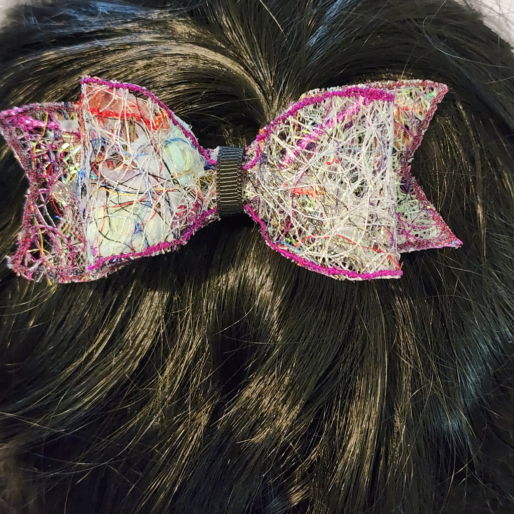 B-BLK-2, Bow Barrette. Fabric made by Free Motion Embroidery. Lacy and Unique