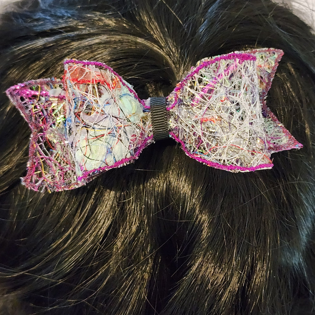 B-BLK-2, Bow Barrette. Fabric made by Free Motion Embroidery. Lacy and Unique