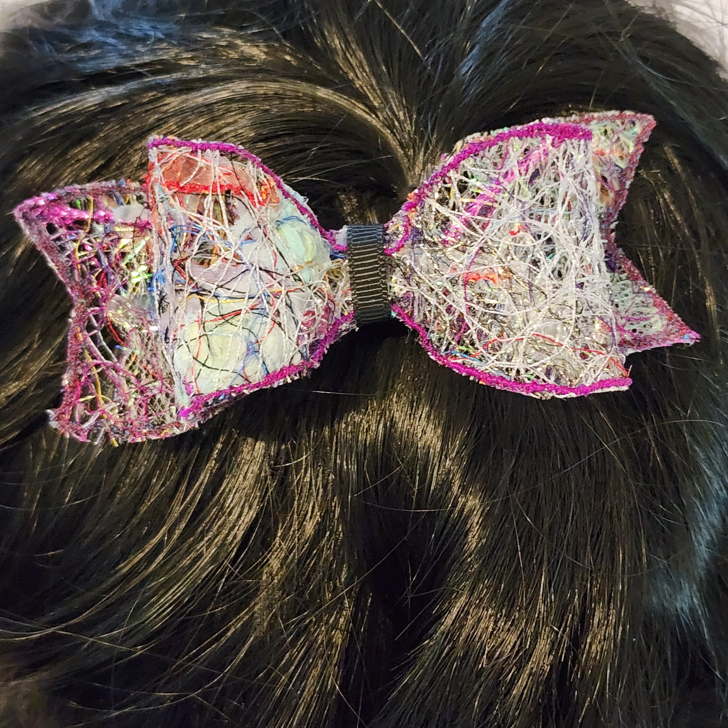 B-BLK-2, Bow Barrette. Fabric made by Free Motion Embroidery. Lacy and Unique