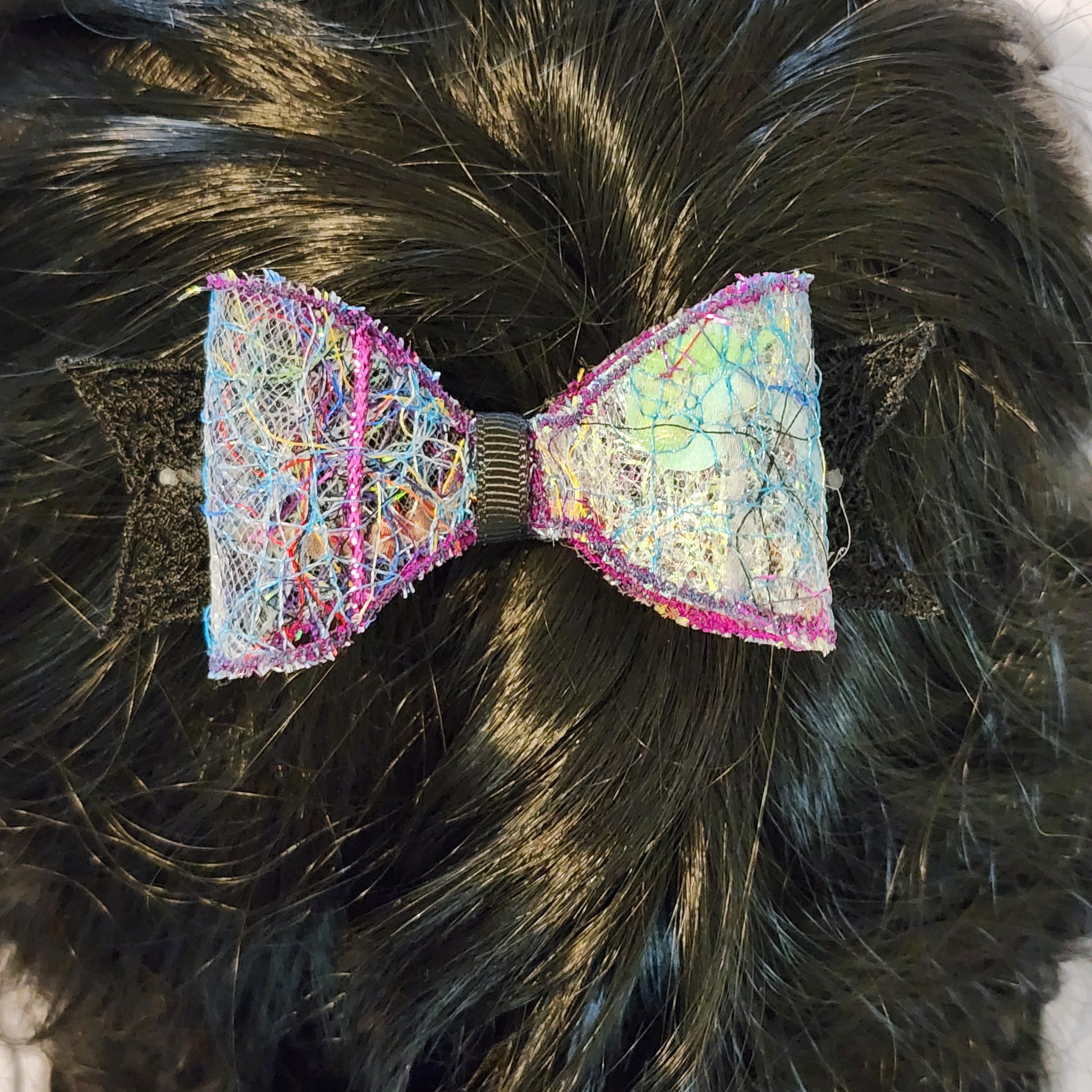 B-BLK-3, Bow Barrette. Fabric made by Free Motion Embroidery. Lacy and Unique