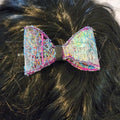 B-BLK-3, Bow Barrette. Fabric made by Free Motion Embroidery. Lacy and Unique