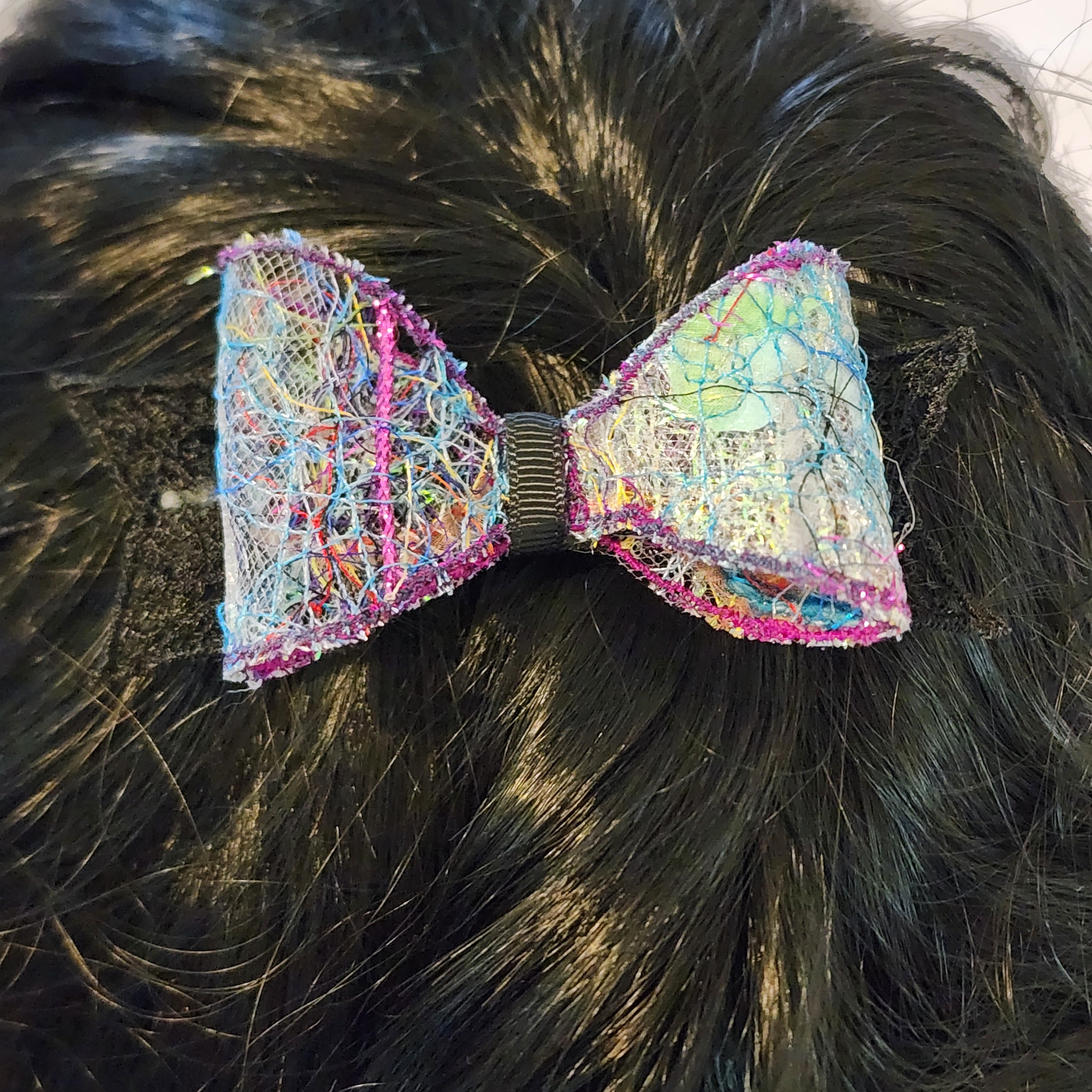 B-BLK-3, Bow Barrette. Fabric made by Free Motion Embroidery. Lacy and Unique