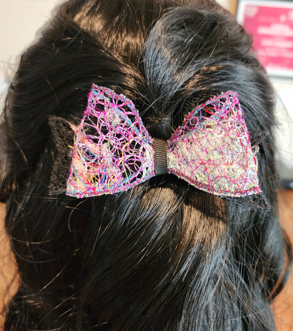 B-BLK-4, Bow Barrette. Fabric made by Free Motion Embroidery. Lacy and Unique