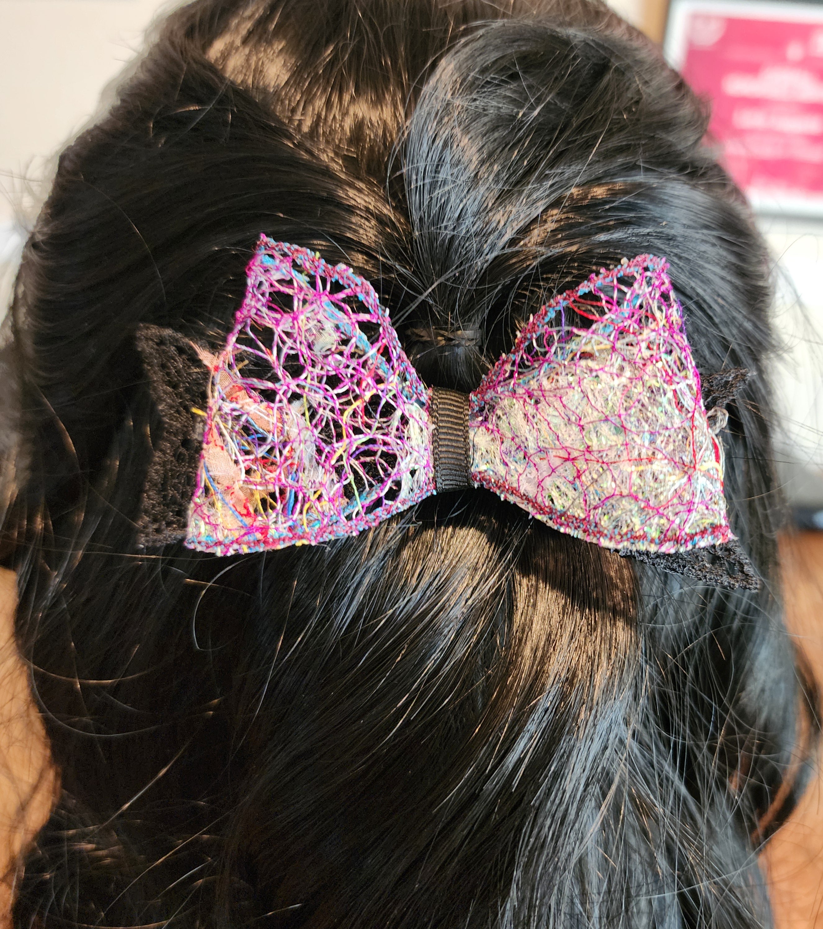 B-BLK-4, Bow Barrette. Fabric made by Free Motion Embroidery. Lacy and Unique