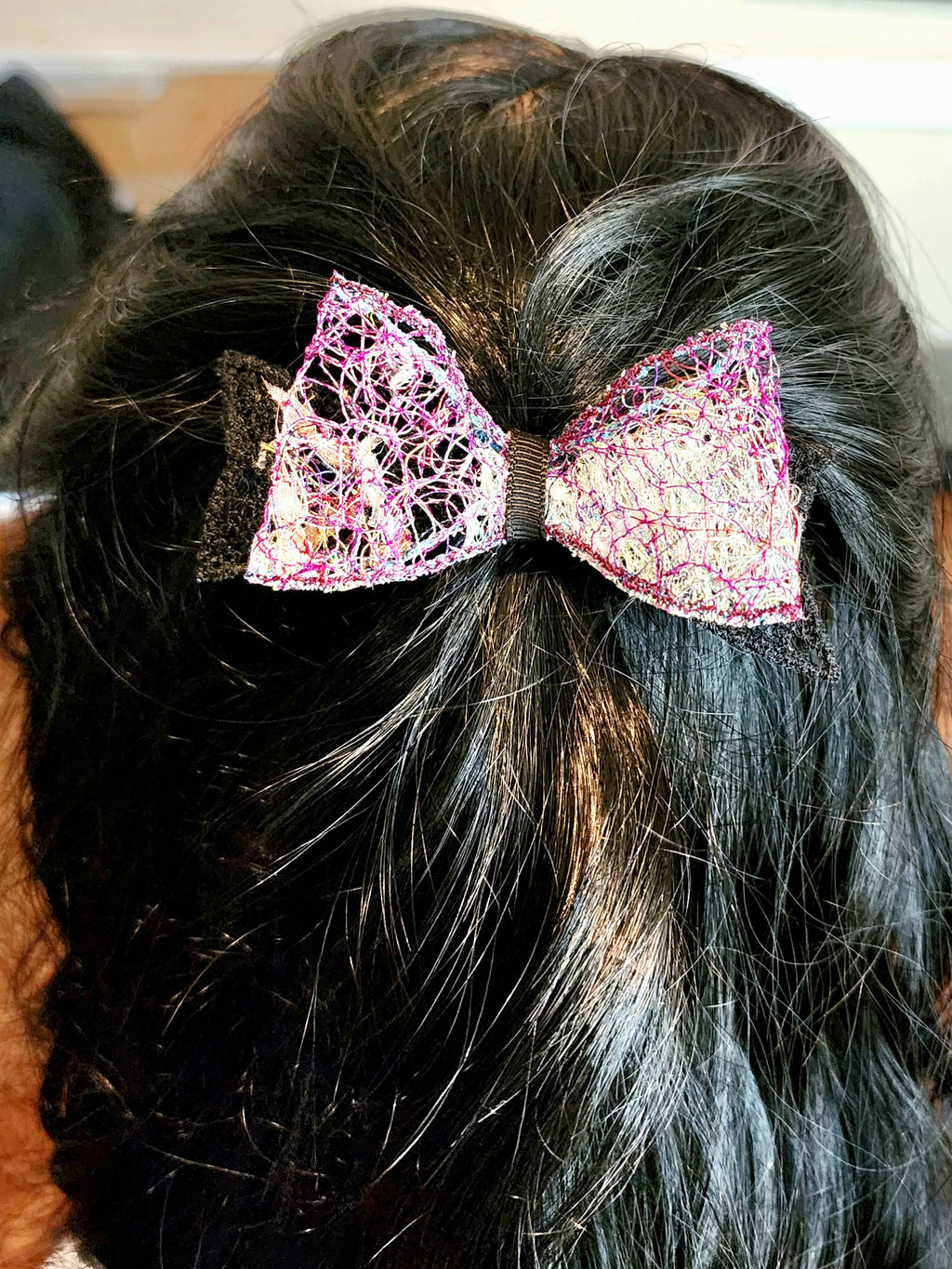B-BLK-4, Bow Barrette. Fabric made by Free Motion Embroidery. Lacy and Unique