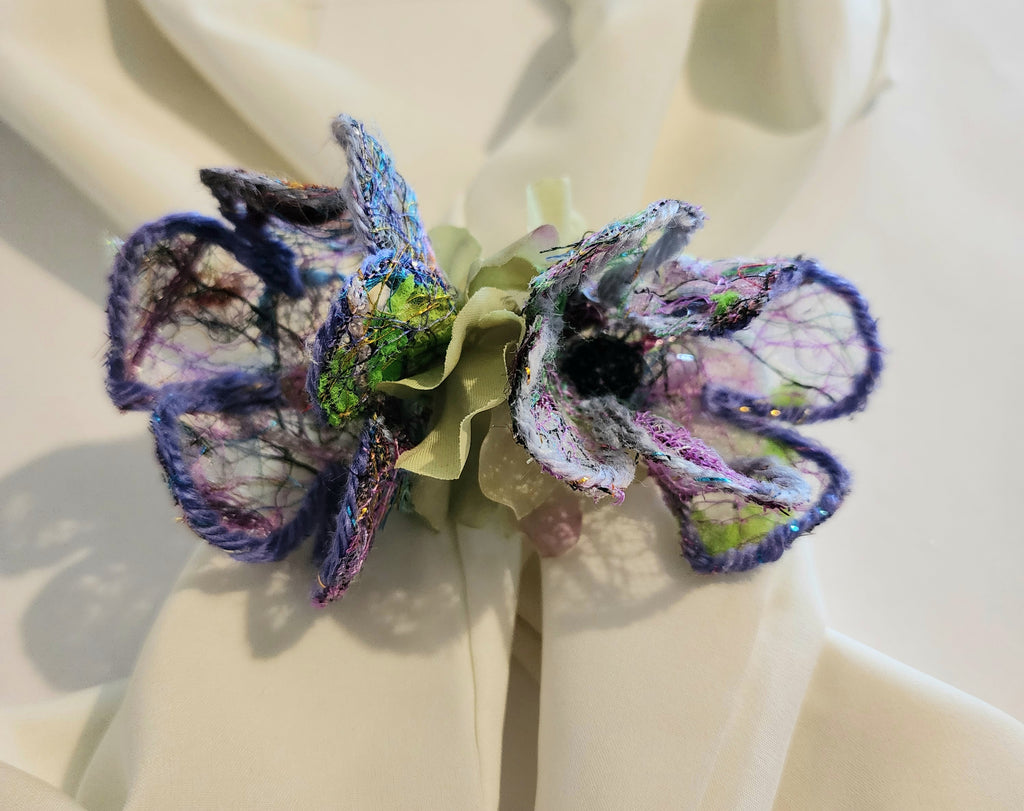 B-FL-1  Abstract Flower Barrette. Fabric made by Free Motion Embroidery. Lacy and Unique