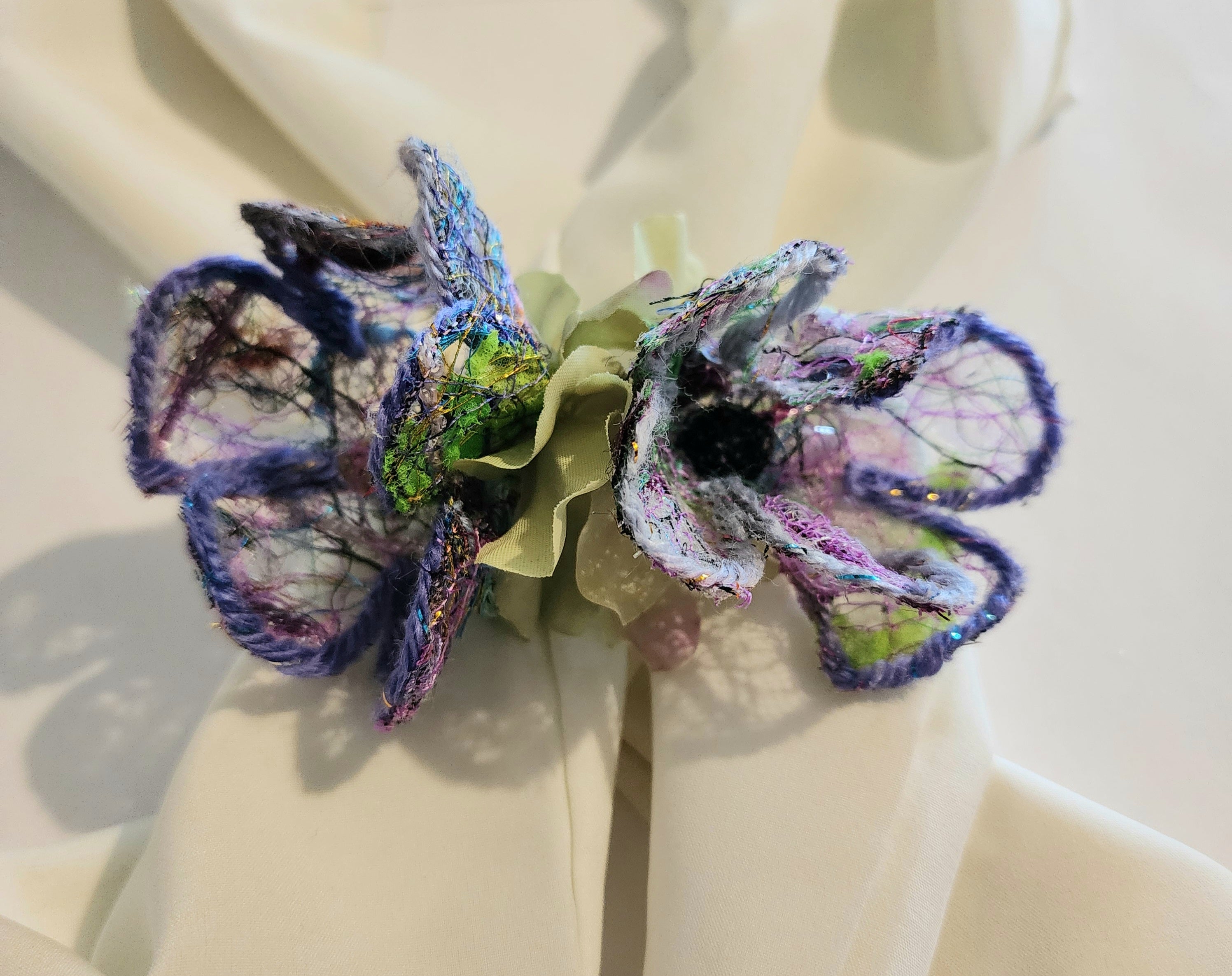 B-FL-1  Abstract Flower Barrette. Fabric made by Free Motion Embroidery. Lacy and Unique