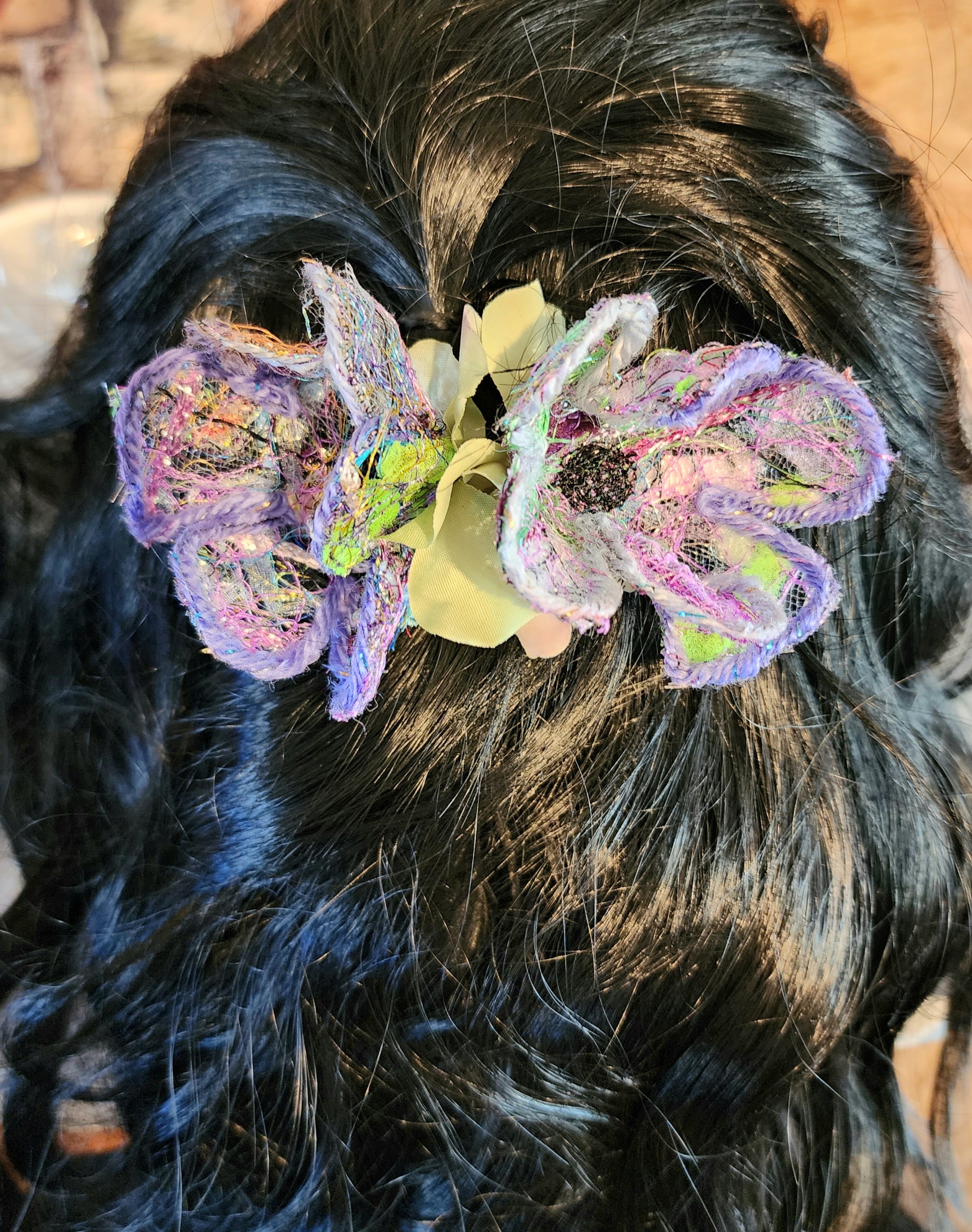 B-FL-1  Abstract Flower Barrette. Fabric made by Free Motion Embroidery. Lacy and Unique