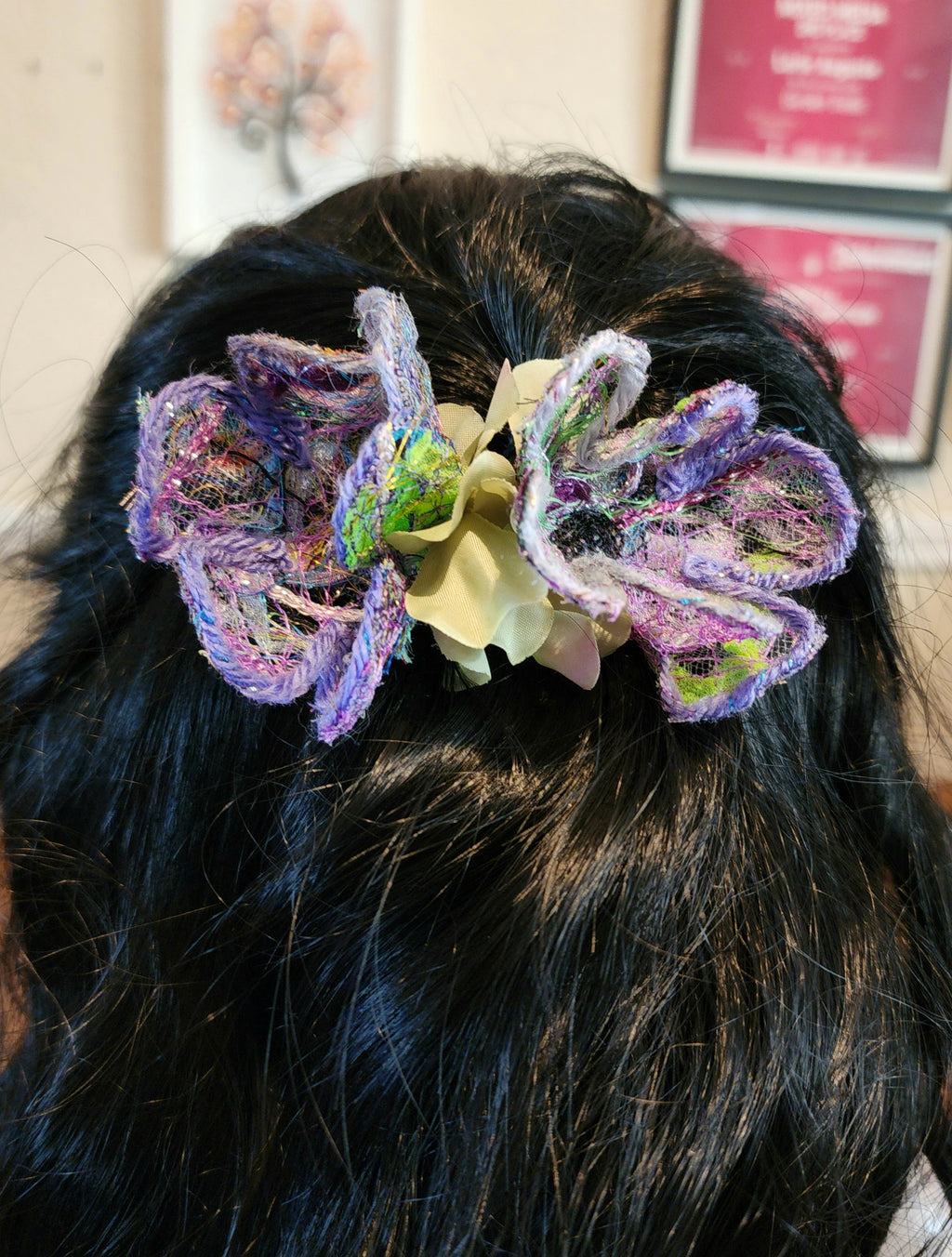 B-FL-1  Abstract Flower Barrette. Fabric made by Free Motion Embroidery. Lacy and Unique