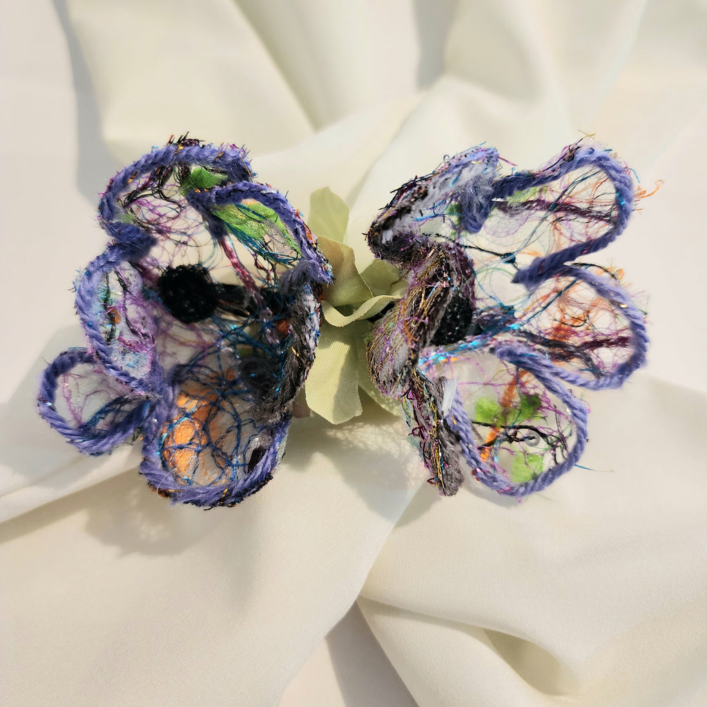 B-FL-2  Abstract Flower Barrette. Fabric made by Free Motion Embroidery. Lacy and Unique