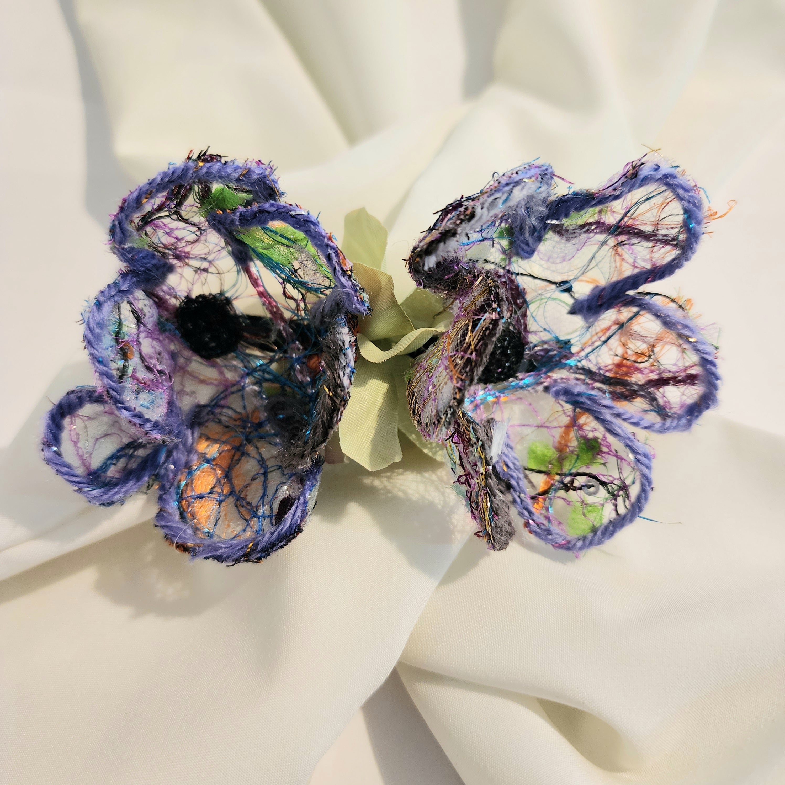 B-FL-2  Abstract Flower Barrette. Fabric made by Free Motion Embroidery. Lacy and Unique