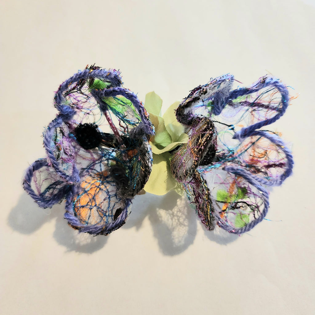 B-FL-2  Abstract Flower Barrette. Fabric made by Free Motion Embroidery. Lacy and Unique