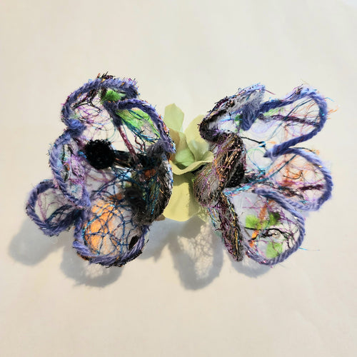 B-FL-2  Abstract Flower Barrette. Fabric made by Free Motion Embroidery. Lacy and Unique
