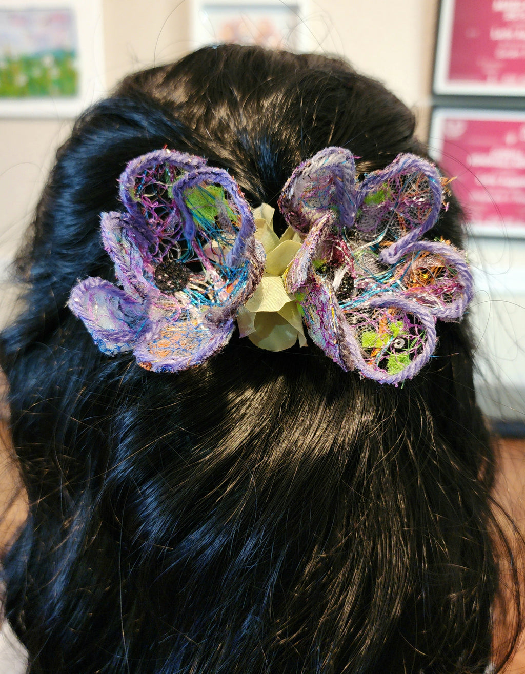 B-FL-2  Abstract Flower Barrette. Fabric made by Free Motion Embroidery. Lacy and Unique