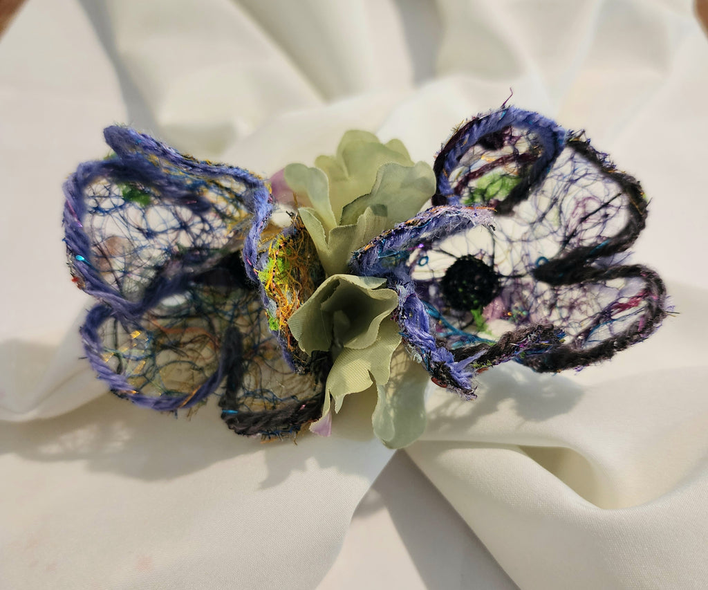 B-FL-3  Abstract Flower Barrette. Fabric made by Free Motion Embroidery. Lacy and Unique