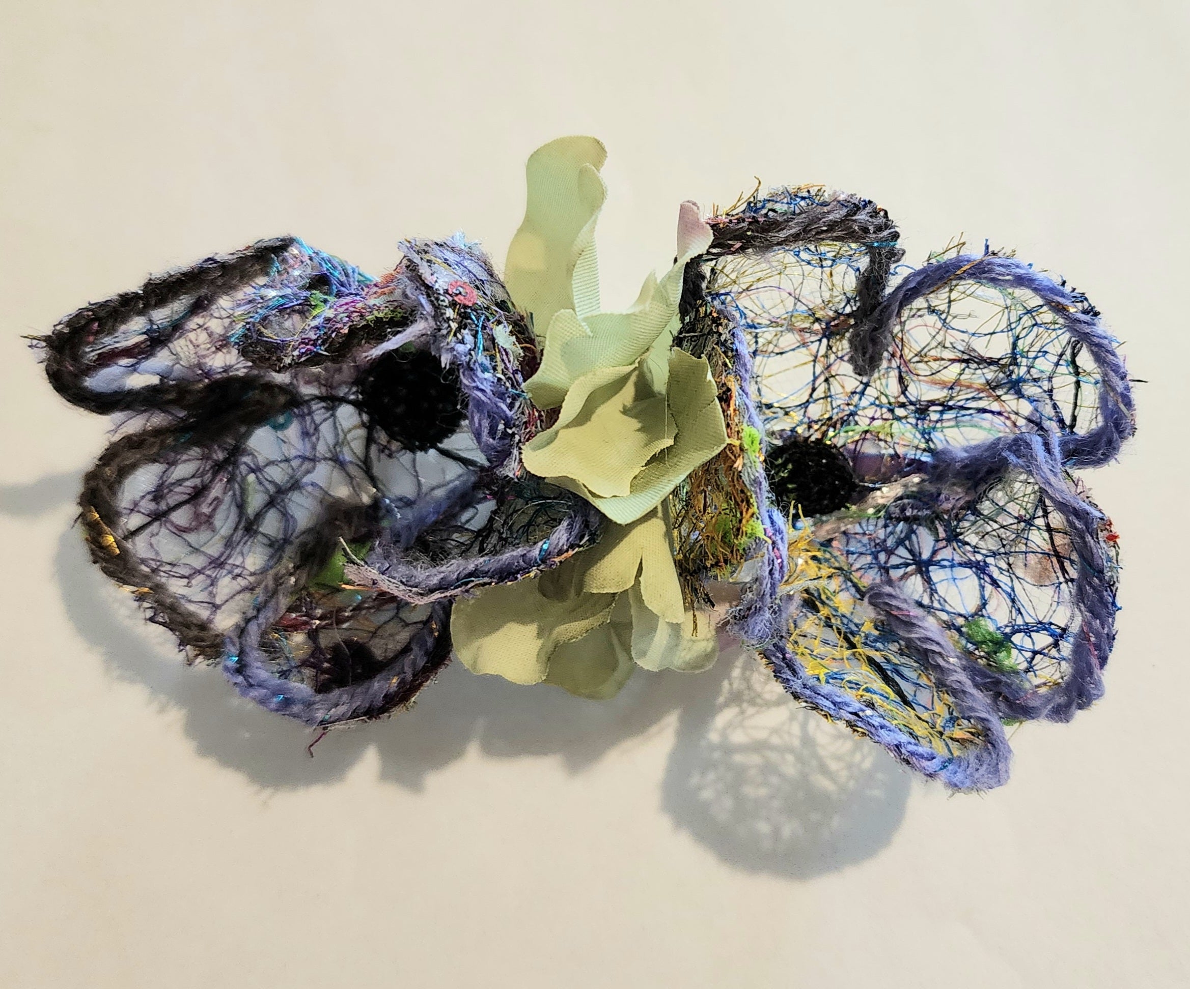 B-FL-3  Abstract Flower Barrette. Fabric made by Free Motion Embroidery. Lacy and Unique