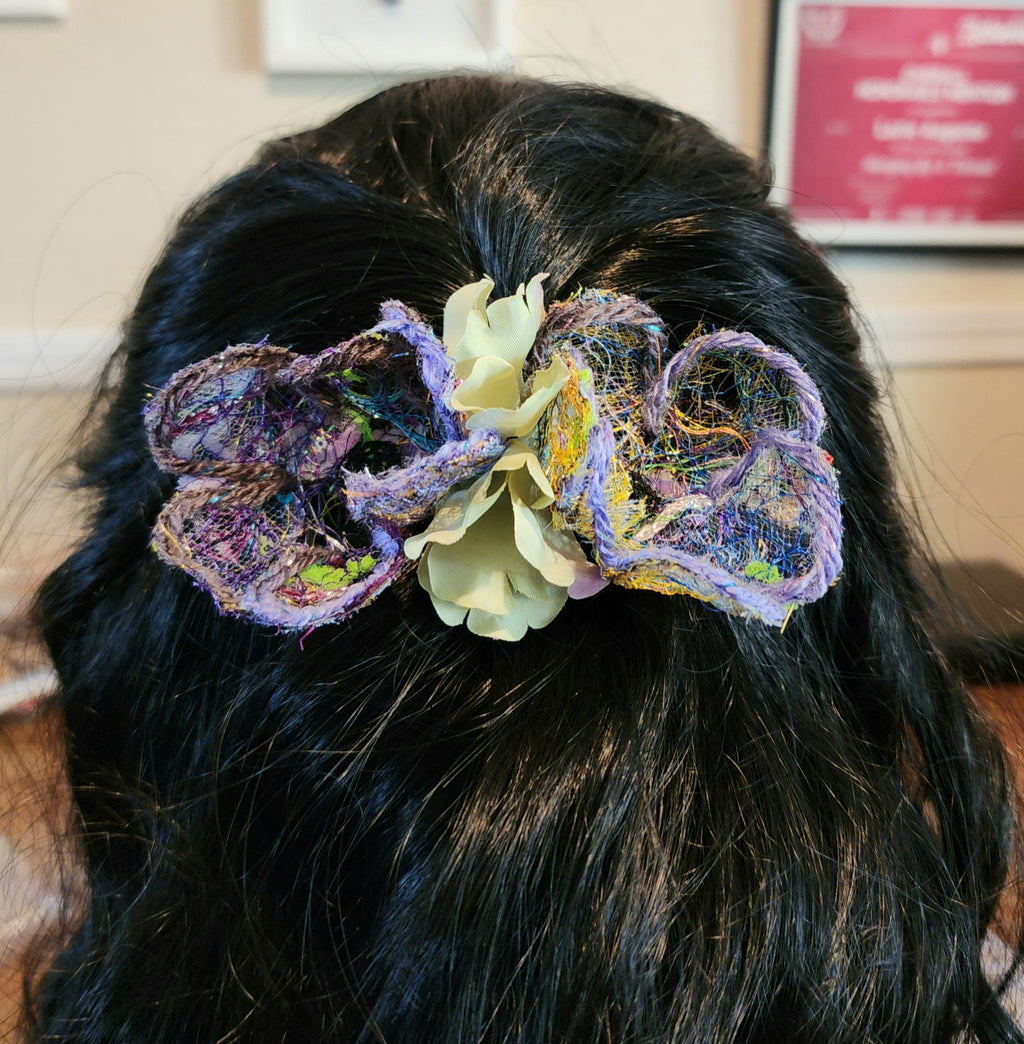 B-FL-3  Abstract Flower Barrette. Fabric made by Free Motion Embroidery. Lacy and Unique