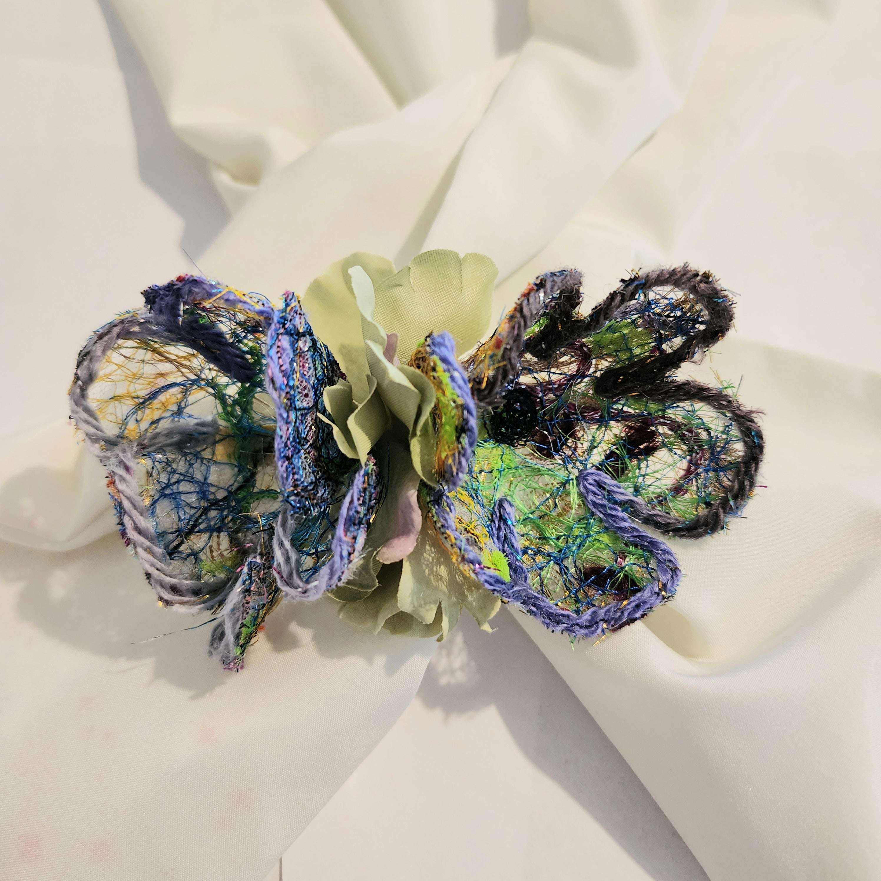 B-FL-4  Abstract Flower Barrette. Fabric made by Free Motion Embroidery. Lacy and Unique