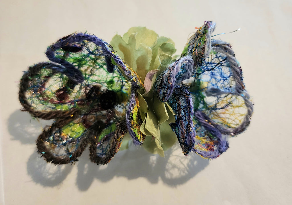 B-FL-4  Abstract Flower Barrette. Fabric made by Free Motion Embroidery. Lacy and Unique