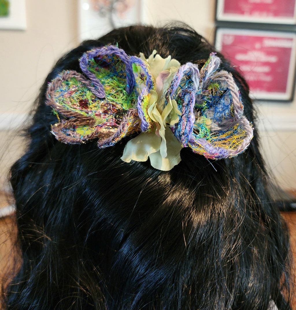 B-FL-4  Abstract Flower Barrette. Fabric made by Free Motion Embroidery. Lacy and Unique