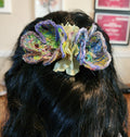 B-FL-4  Abstract Flower Barrette. Fabric made by Free Motion Embroidery. Lacy and Unique