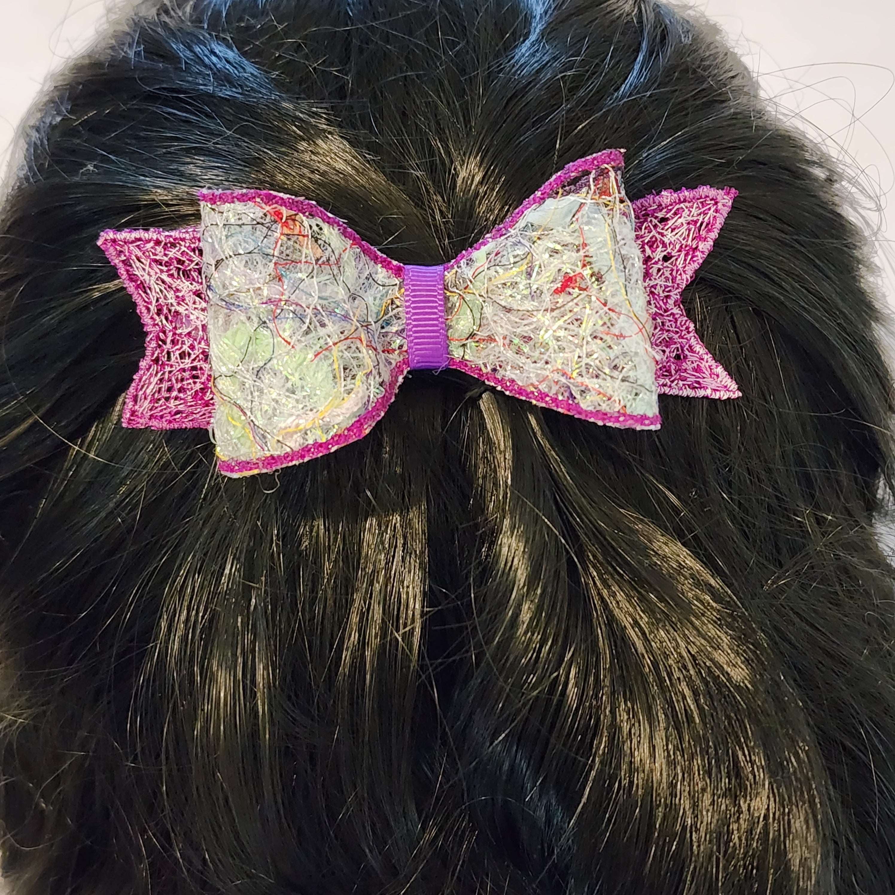 B-PRP-1, Bow Barrette. Fabric made by Free Motion Embroidery. Lacy and Unique