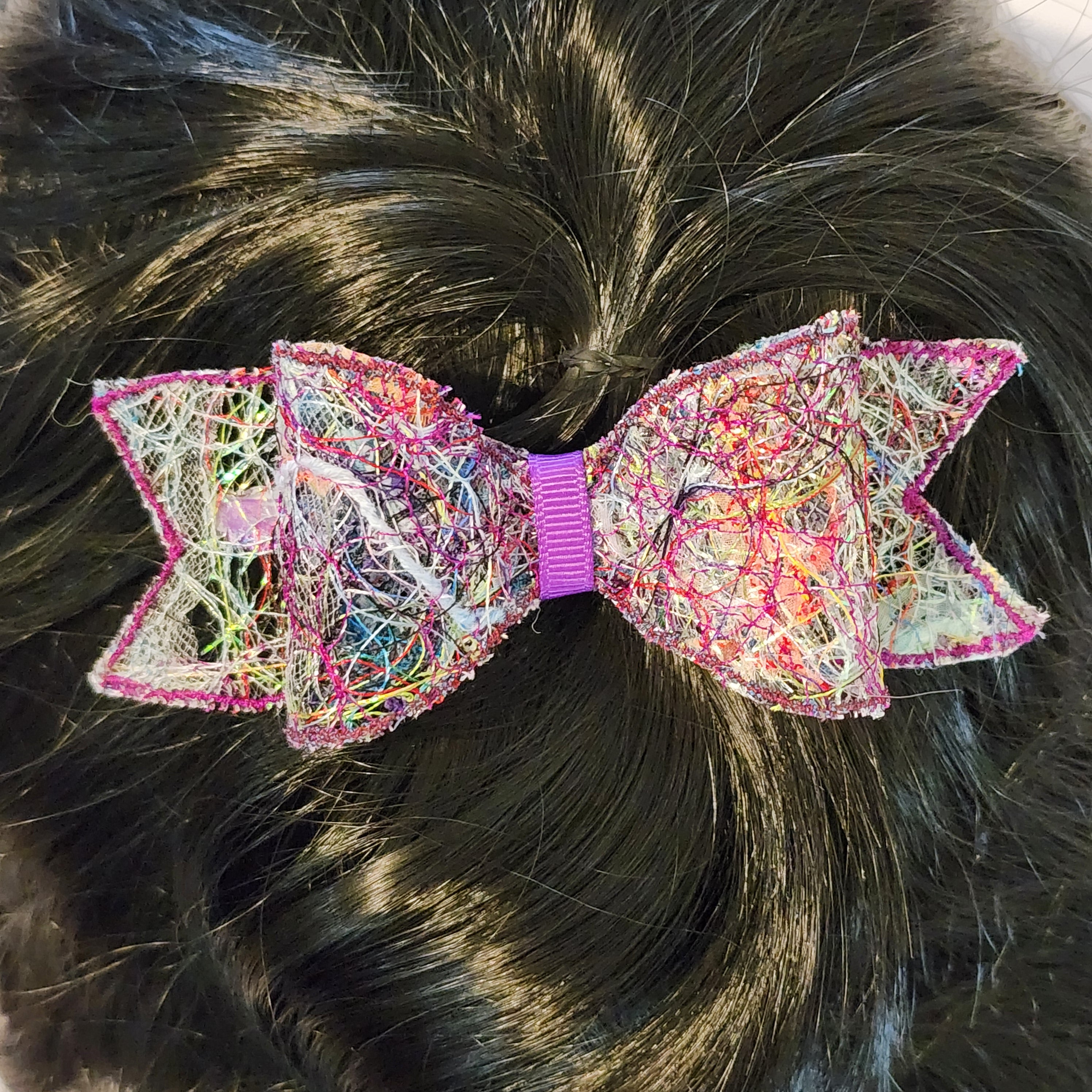B-PRP-2, Bow Barrette. Fabric made by Free Motion Embroidery. Lacy and Unique