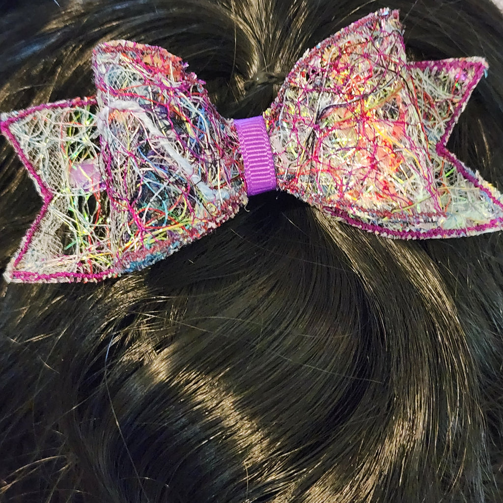 B-PRP-2, Bow Barrette. Fabric made by Free Motion Embroidery. Lacy and Unique