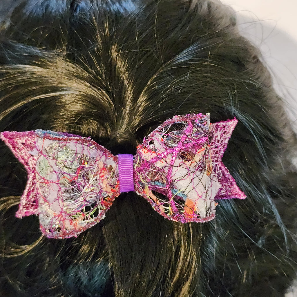 B-PRP-3, Bow Barrette. Fabric made by Free Motion Embroidery. Lacy and Unique