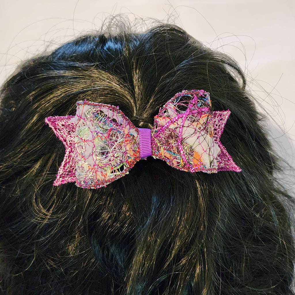 B-PRP-3, Bow Barrette. Fabric made by Free Motion Embroidery. Lacy and Unique