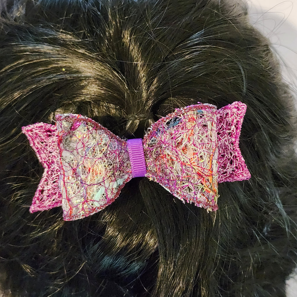 B-PRP-4, Bow Barrette. Fabric made by Free Motion Embroidery. Lacy and Unique