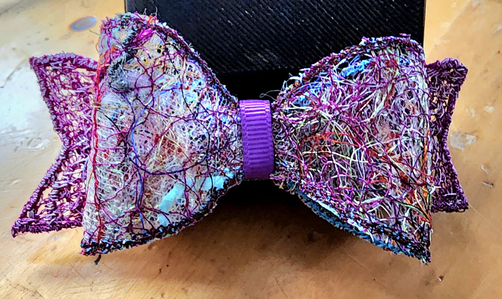 B-PRP-4, Bow Barrette. Fabric made by Free Motion Embroidery. Lacy and Unique