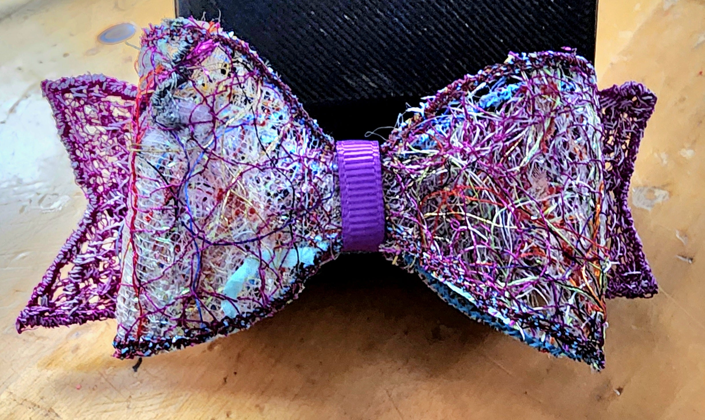 B-PRP-4, Bow Barrette. Fabric made by Free Motion Embroidery. Lacy and Unique