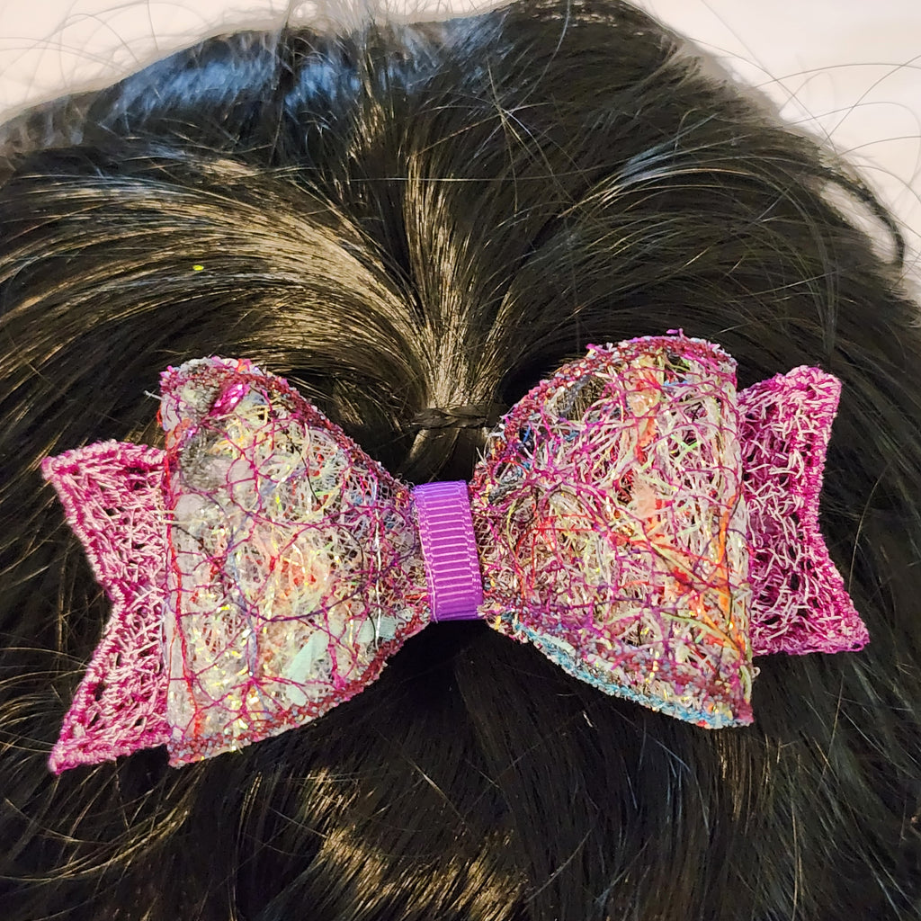 B-PRP-4, Bow Barrette. Fabric made by Free Motion Embroidery. Lacy and Unique