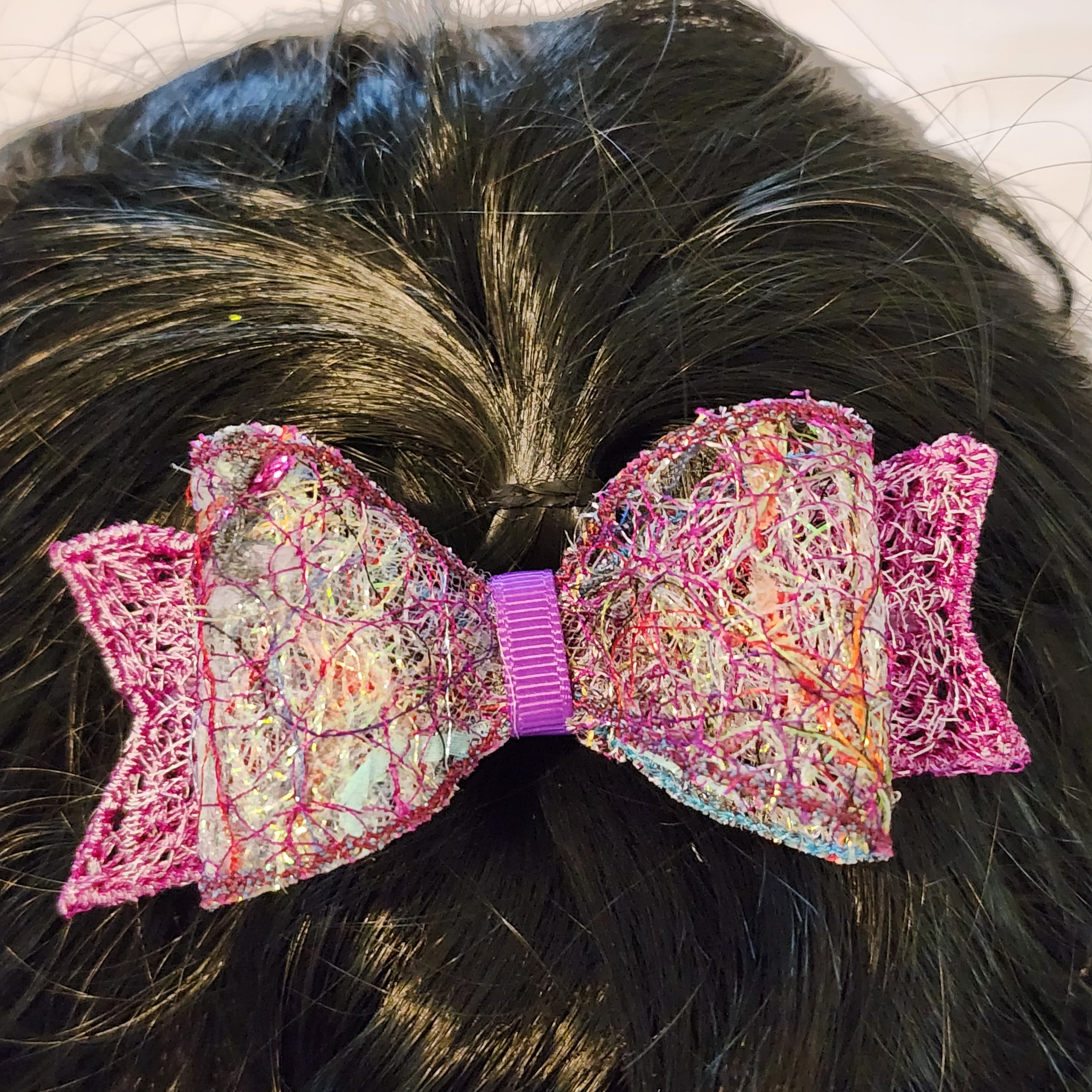 B-PRP-4, Bow Barrette. Fabric made by Free Motion Embroidery. Lacy and Unique