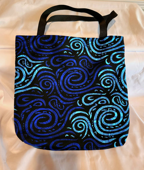 Basic Tote: African Blue Swirl – Handcrafted Fiber Art Tote Bag, African Print Fabric, Wearable Art
