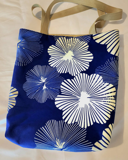 Basic Tote: African Blue Cream Flowers – Handcrafted Fiber Art Tote Bag, African Print Fabric, Wearable Art