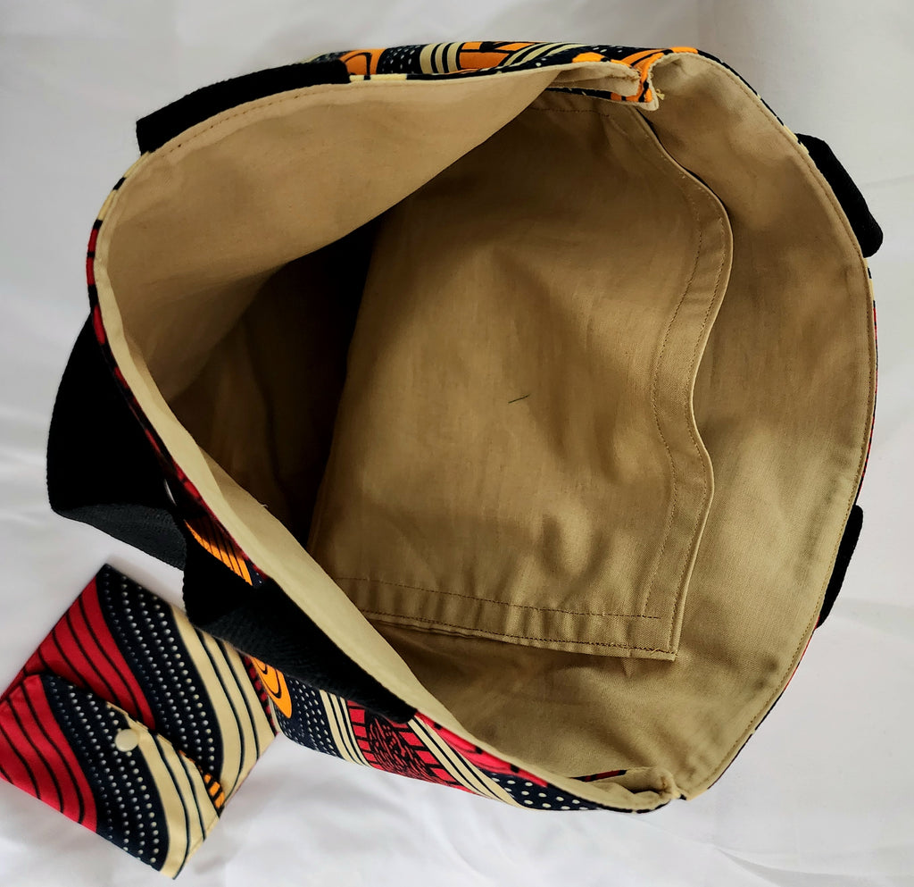 Multicolored bag with a brown interior on a white background