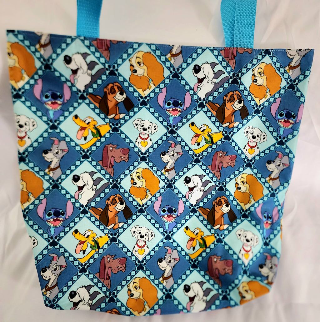 Tote bag with cartoon dog pattern on a white background