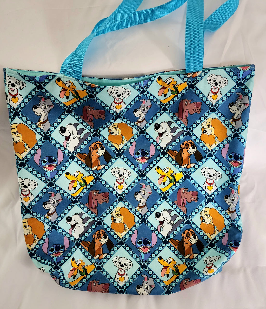 Tote bag with cartoon character pattern on a white background